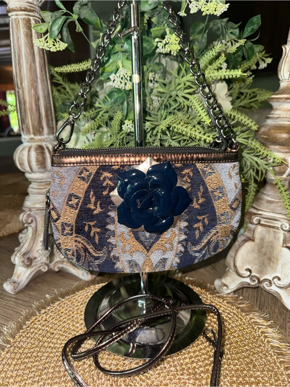 NWT Sharif Blue Floral Appliqué  Bag with Adjustable Strap - STUNNING